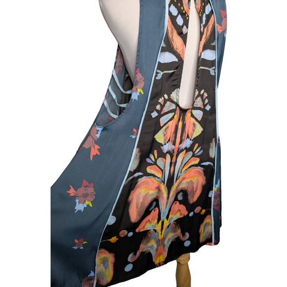 Free People Dream Free Boho Floral Print Satin Strappy Cut Out Tunic Top Small - Picture 6 of 12